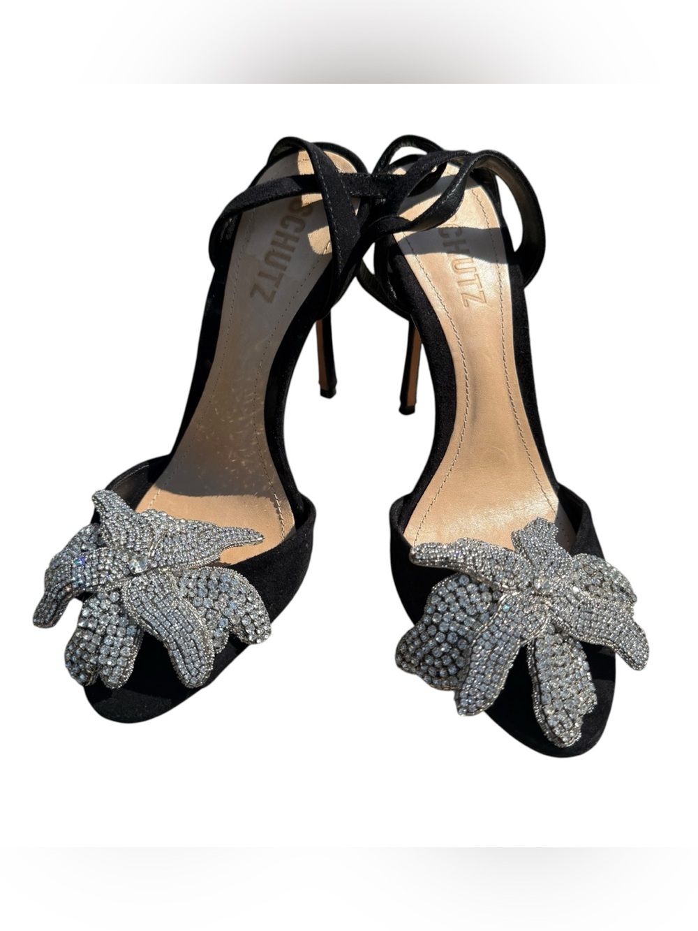 Schutz Ayanne Black Crystal Floral Rhinestone Ankle Strap Heels Sandals 7.5 Luxe